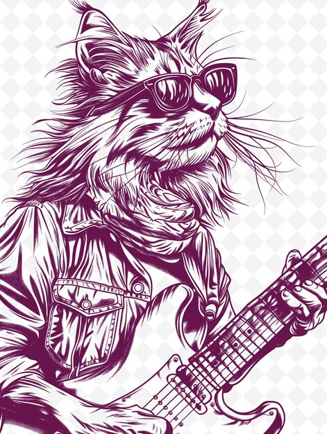 PSD maine coon katze mit gitarre und bandana rock und ro tiere skizzenkunst vektorkollektionen