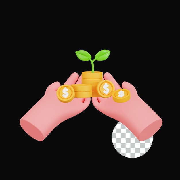 Des mains 3D tenant des pièces et de la croissance des plantes