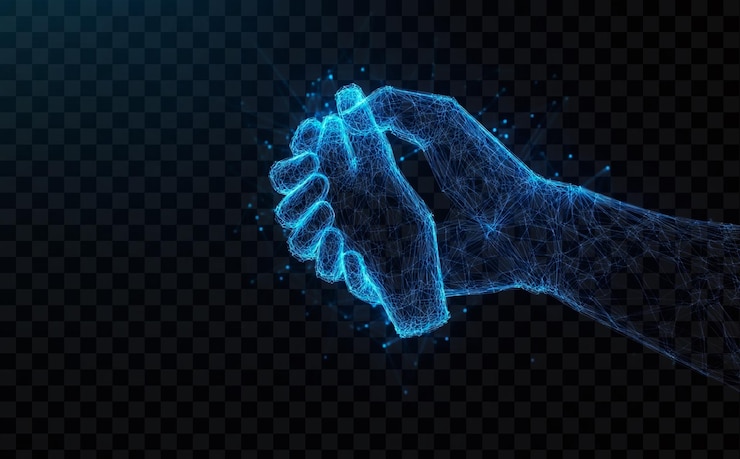 PSD des mains bleues brillantes numériques abstraites se tenant l'une l'autre sur un fond transparent