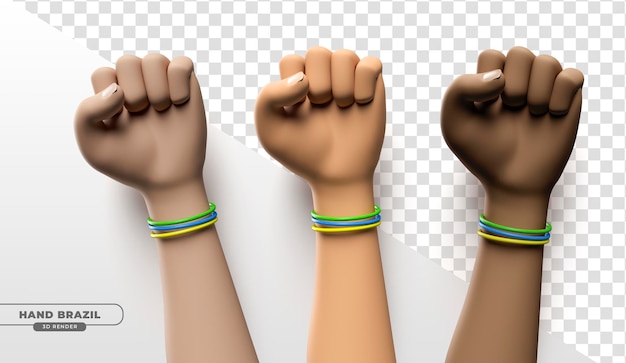 PSD mains avec des bracelets aux couleurs du brésil en dessin animé de rendu 3d