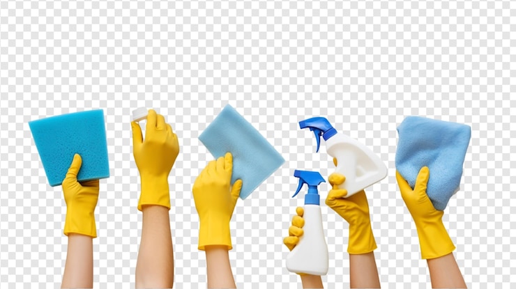 PSD mains dans des gants en caoutchouc jaune tenant des outils de nettoyage isolés sur un fond transparent