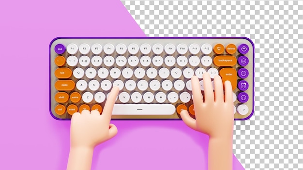 Mains de dessin animé tapant sur la vue de dessus du clavier Les mains du personnage travaillent à l'ordinateur Rendu 3D