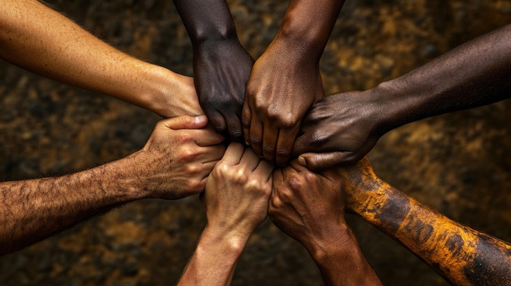 PSD des mains diverses serrées ensemble symbolisant l'unité, le travail d'équipe et la collaboration.