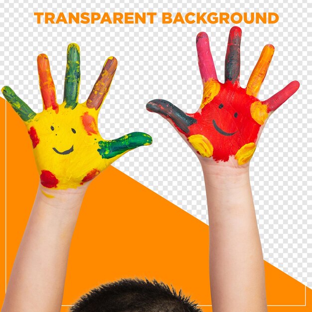 Des mains d'enfants peintes avec de la peinture sur un fond transparent