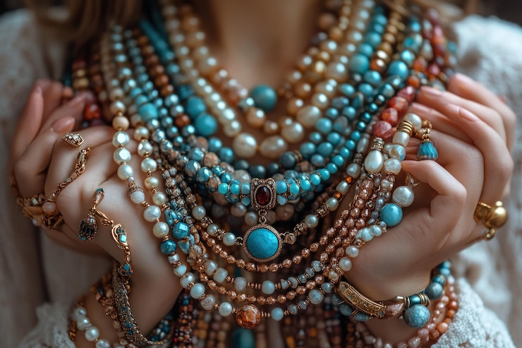 PSD des mains de femmes tenant une collection de colliers en couches avec diverses perles et pierres précieuses dans des tons d'or bleu et de brun