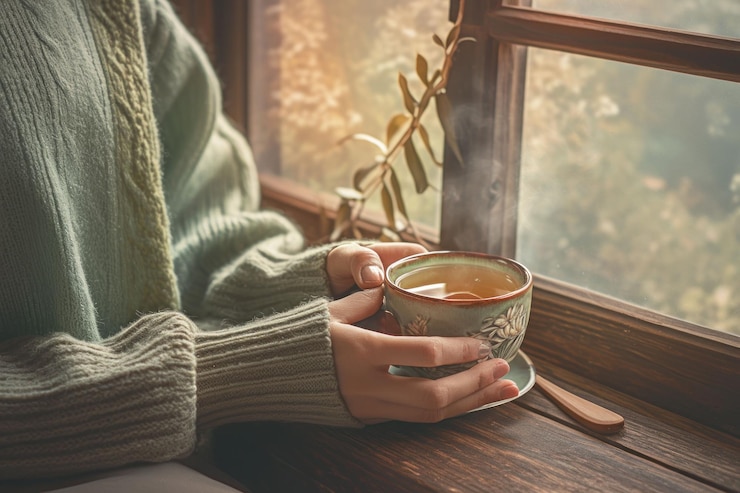 PSD des mains de femmes tenant une tasse de thé chaud devant une fenêtre