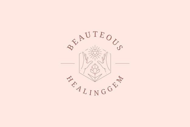 Des mains humaines élégantes avec des bijoux brillants, des diamants, des fleurs botaniques, un cadre géométrique, une ligne d'art, un logo.