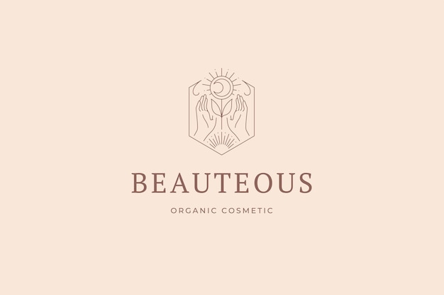 Les mains humaines méditatives fleur ésotérique demi-lune soleil fleur cadre géométrique logo de la ligne de conception
