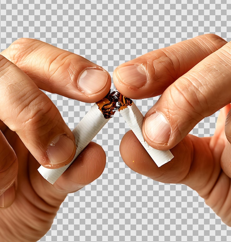 PSD des mains masculines cassant une cigarette en deux sur un fond transparent