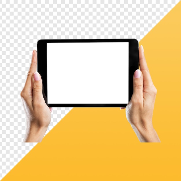 mains tenant une tablette avec un écran vide
