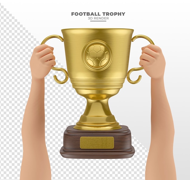 PSD mains tenant un trophée de football réaliste en rendu 3d