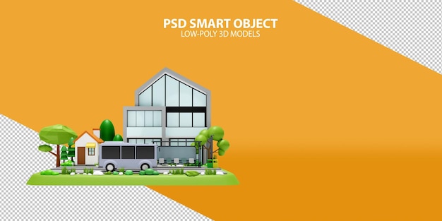 Maison avec arrêt de bus PSD objet intelligent sur fond dégradé image de rendu 3d d'objets low poly