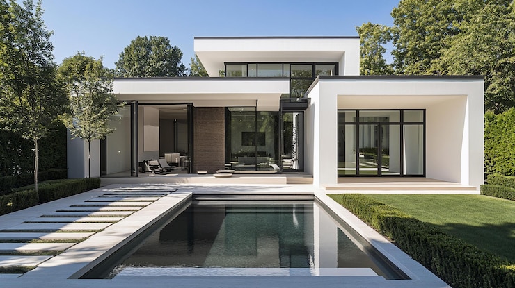 PSD maison blanche moderne avec piscine et aménagement paysager