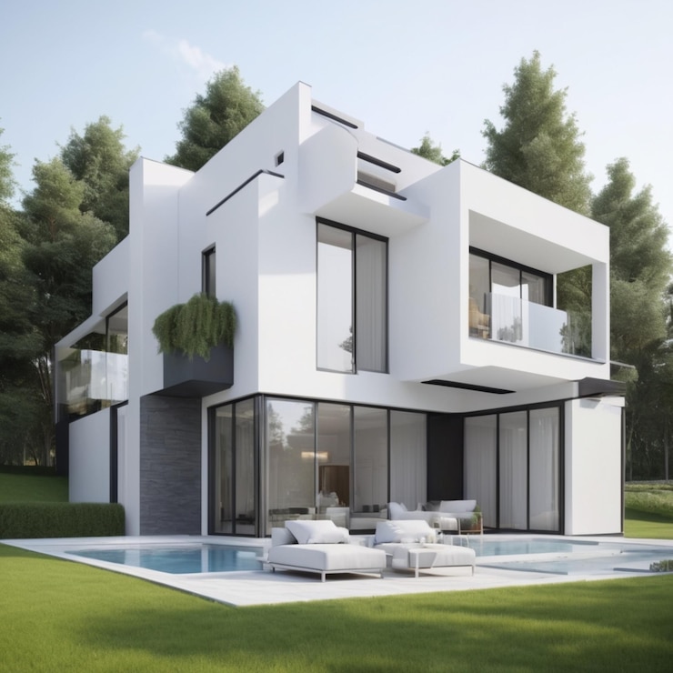 PSD une maison blanche avec une piscine et beaucoup d'arbres en arrière-plan