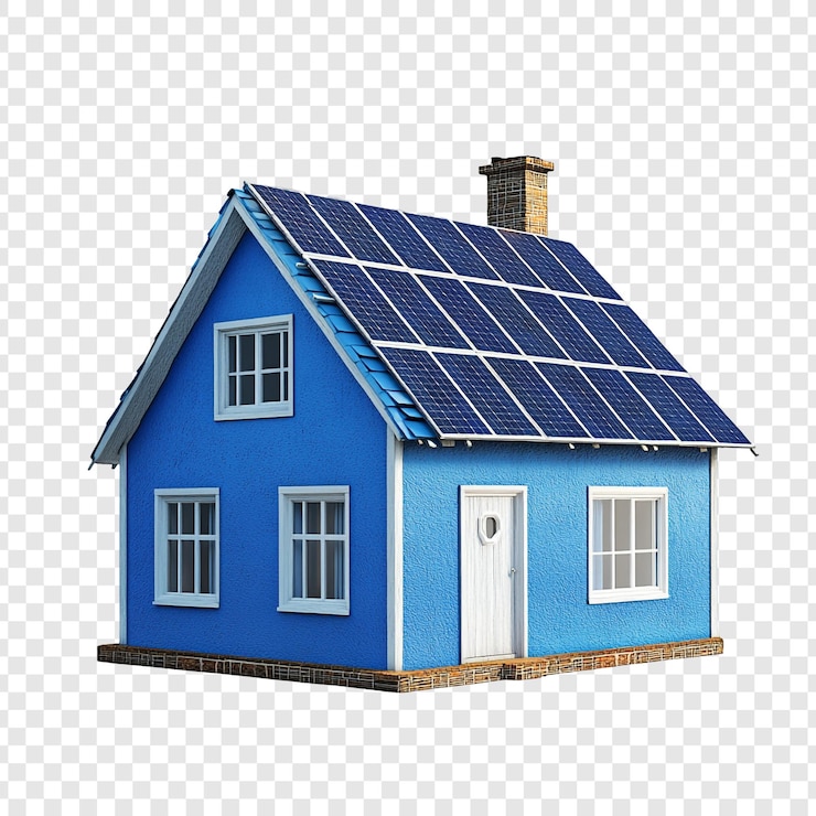PSD une maison bleue avec des panneaux solaires