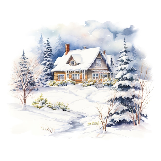 PSD maison sur le champ de neige pour l'événement de noël aquarelle style ai généré