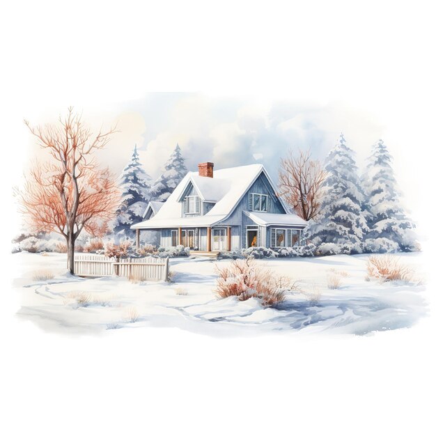 Maison Sur Le Champ De Neige Pour L'événement De Noël Aquarelle Style Ai Généré