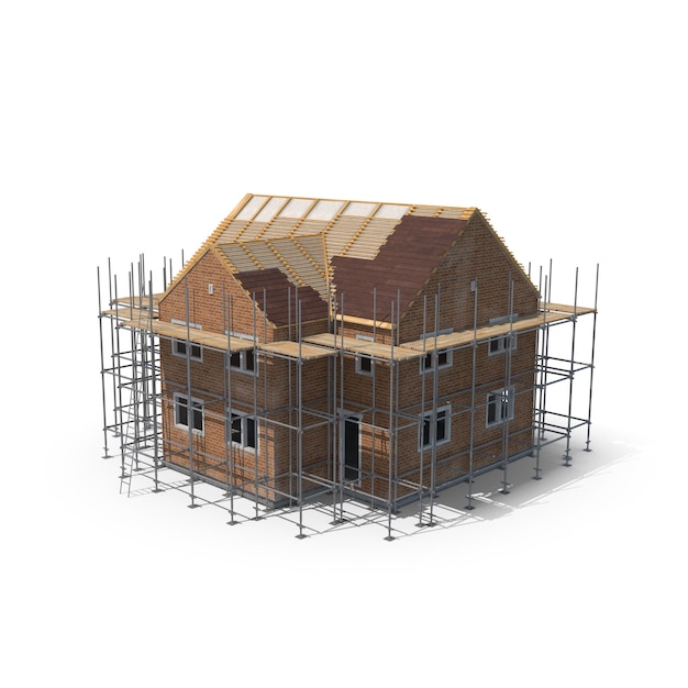 Maison en construction avec échafaudage et façade en brique