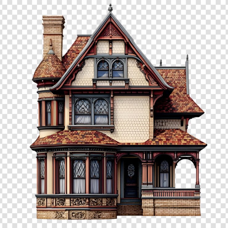 PSD une maison de l'ère victorienne avec des détails architecturaux ornés sur un fond transparent
