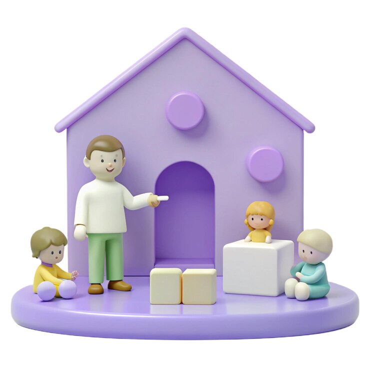 PSD une maison de jouets pourpre avec une maison pourpre avec un homme et deux enfants jouant avec un jouet