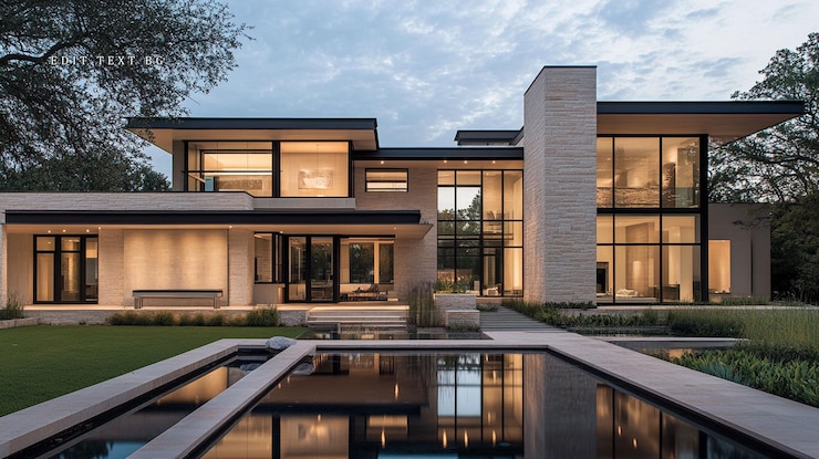 PSD une maison de luxe moderne avec un design élégant, de grandes fenêtres et une piscine réfléchissante au crépuscule.