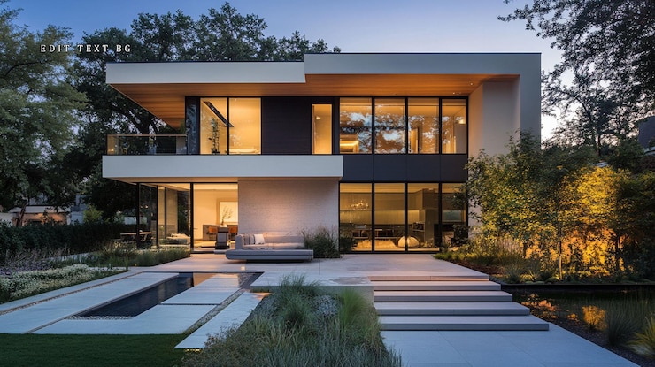 PSD maison de luxe moderne avec piscine extérieure et éclairage paysager au crépuscule