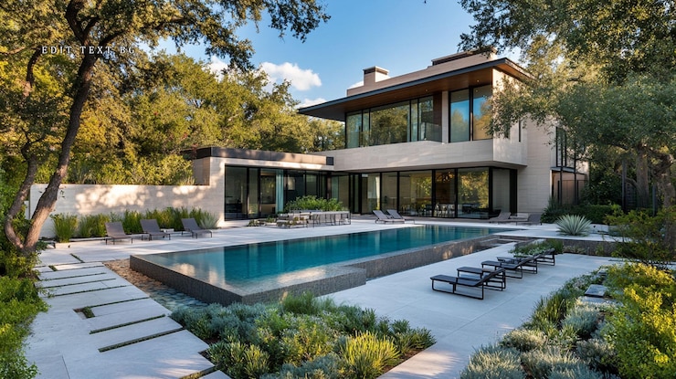 PSD une maison de luxe moderne avec une terrasse à piscine infinie et un paysage luxuriant