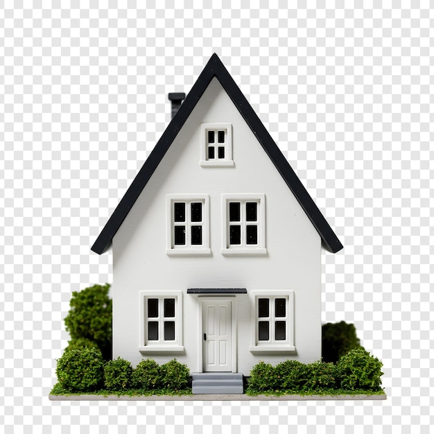 Une maison modèle blanche avec un toit noir et des plantes vertes