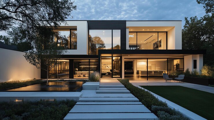 PSD une maison moderne à deux étages avec de grandes fenêtres, un patio extérieur et une installation d'eau au crépuscule.
