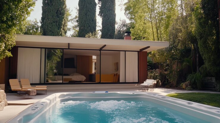 PSD une maison moderne avec une piscine entourée de verdure