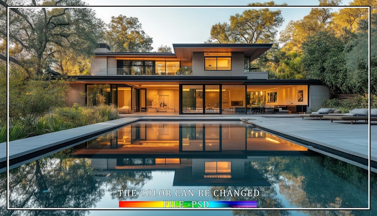PSD une maison moderne avec une piscine et un magnifique coucher de soleil.