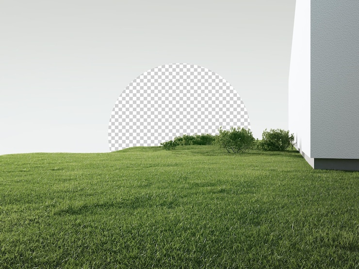 PSD maison avec mur de béton près de sol en herbe vide rendu 3d de pelouse verte dans une maison moderne