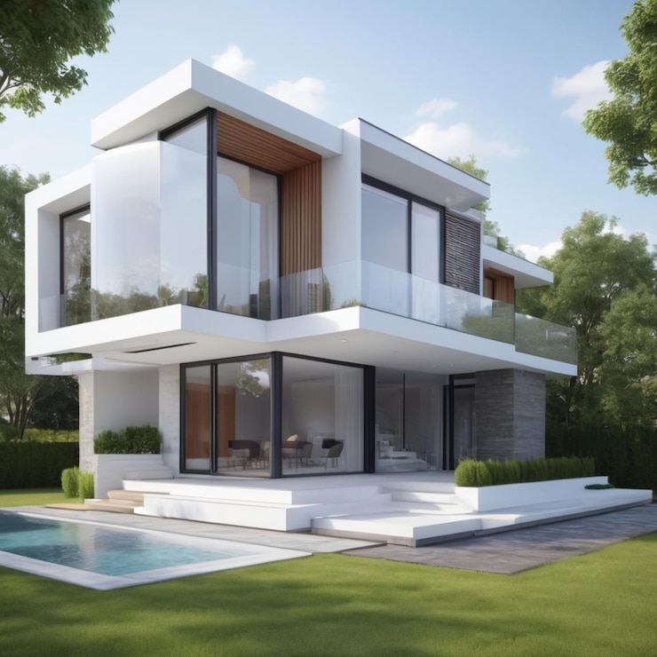 PSD une maison avec une piscine et une piscine avec une piscina au milieu