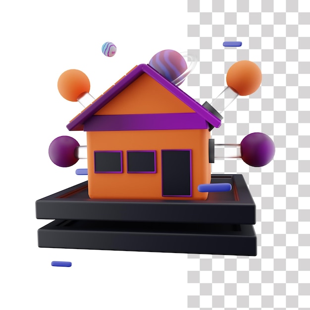 Une Maison Sur Une Plate-forme Noire Et Orange Avec Une Maison Dessus Et Une Boule De Ballons Dessus.