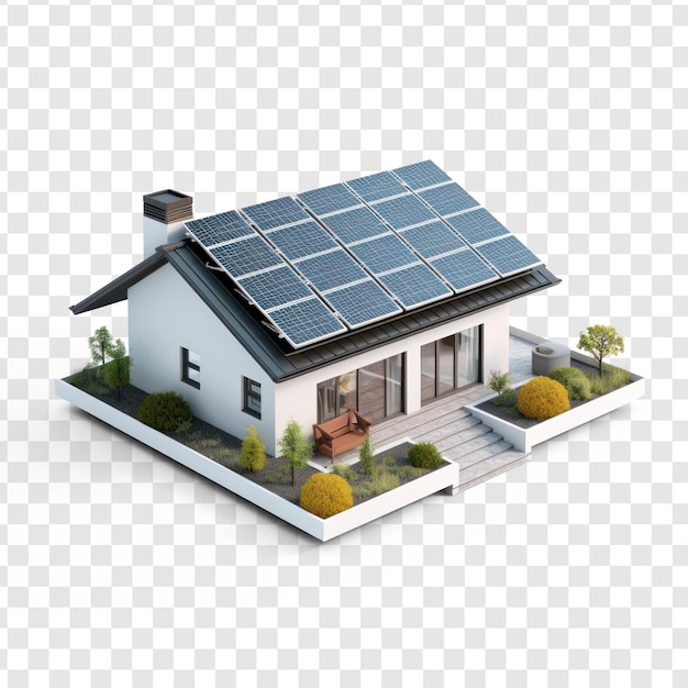 PSD une maison qui a solaire sur le toit qui charge une grande batterie sur le fond de transparence psd