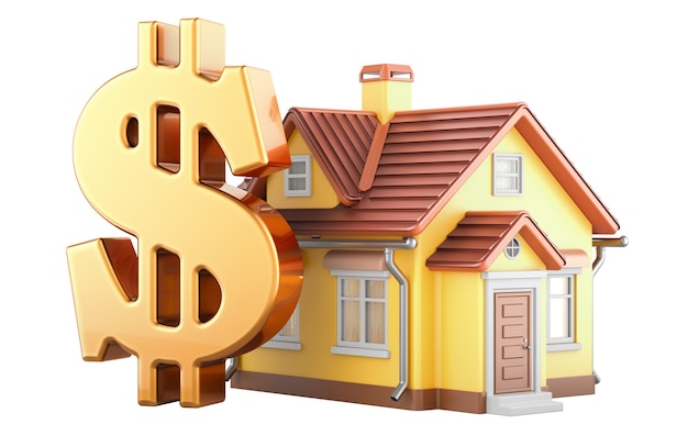 Maison avec un symbole dollar rendu en 3D isolé sur un fond transparent