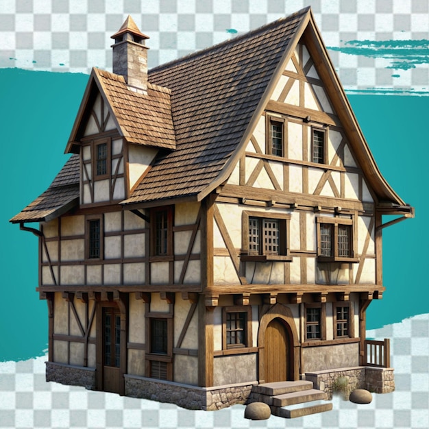 PSD une maison tudor isolée sur un fond transparent