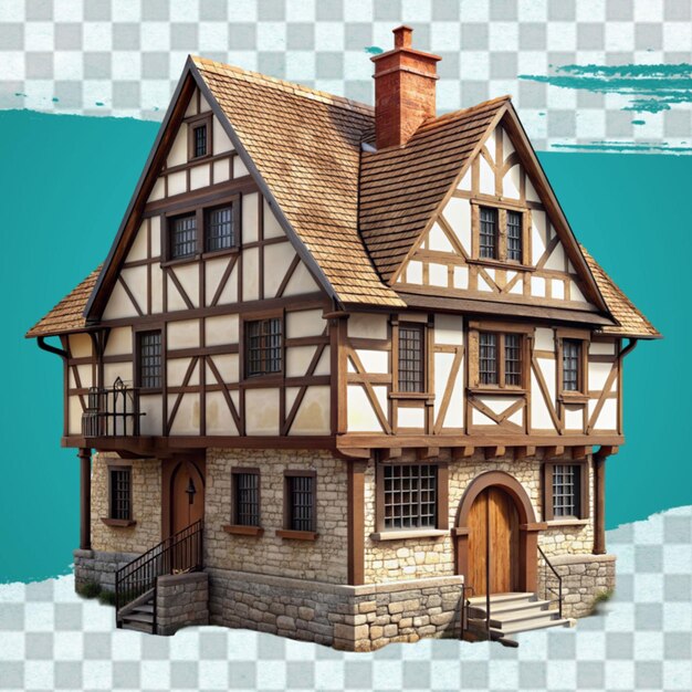 PSD une maison tudor isolée sur un fond transparent