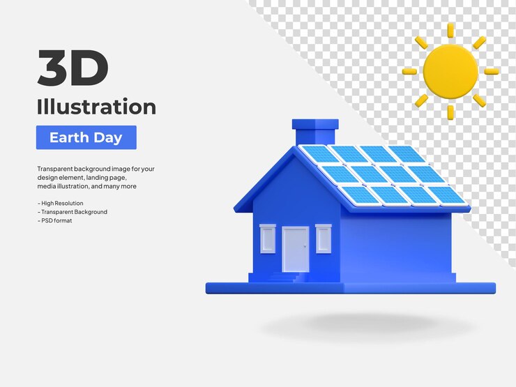 PSD maison utilisant l'icône de l'énergie du panneau solaire illustration 3d du jour de la terre