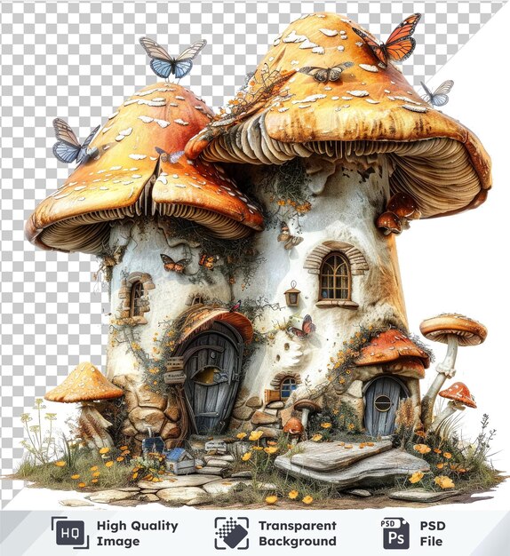 PSD des maisons de champignons enchantés avec des papillons, des fenêtres voûtées, des portes en bois.