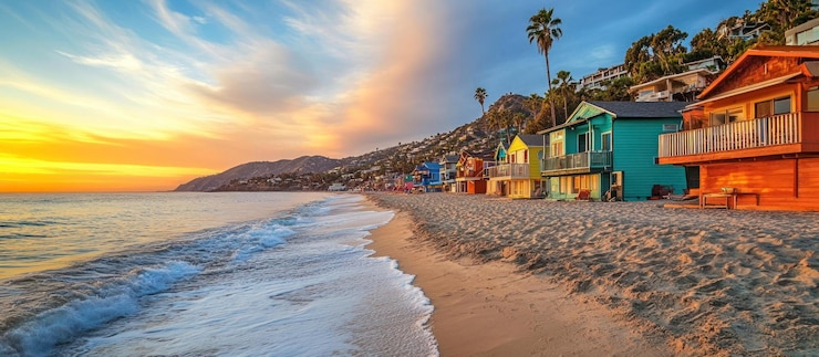 PSD des maisons de plage colorées sur la côte avec un beau ciel au coucher du soleil