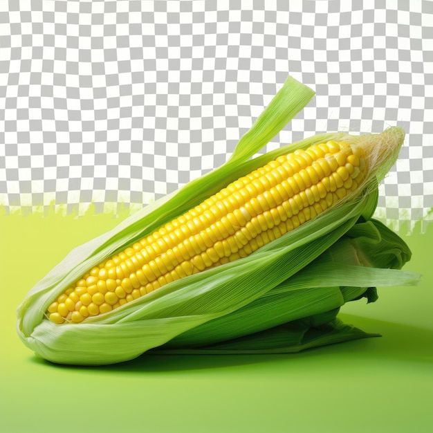 PSD maíz dulce en la mazorca con hojas verdes contra un fondo transparente