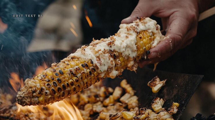 PSD maíz a la parrilla con mantequilla derretida y especias sobre un fuego abierto