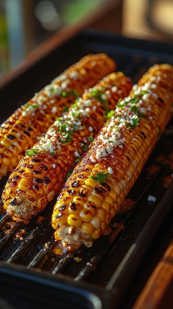 Maíz a la parrilla con queso y cilantro en una sartén negra