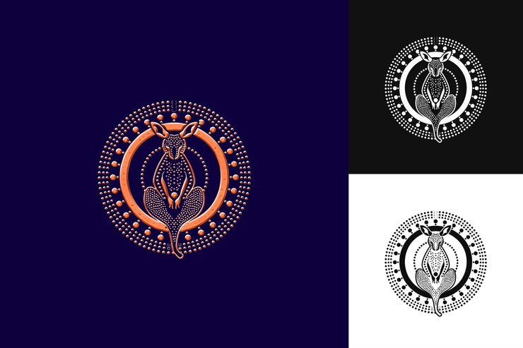 PSD majestic aboriginal dot painting logo mit kangaroo und boom abstract vector design sammlungen