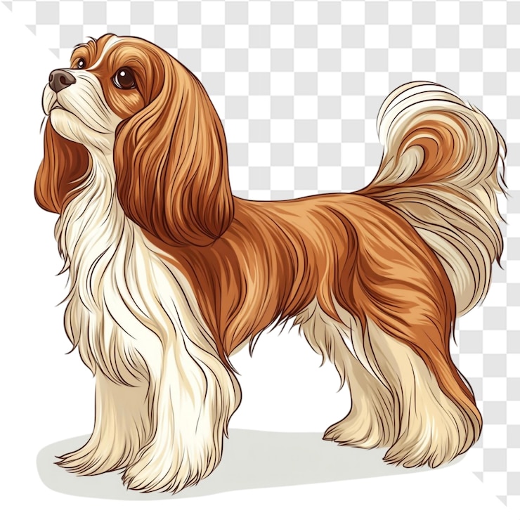 PSD majestic cavalier king charles spaniel ritratto di cane razza elegante capelli lunghi marrone e pelliccia bianca