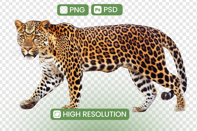 Majestic Leopard caminha graciosamente pela natureza exibindo pontos impressionantes e passos poderosos Uma vitrine de elegância felina e beleza selvagem em formatos PNG e PSD de alta resolução