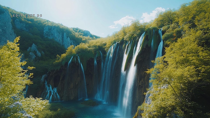 PSD majestica cascada que cae por los exuberantes acantilados verdes en una serena piscina turquesa bañada por la luz del sol