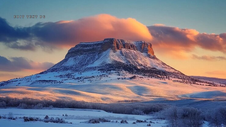 PSD majestica meseta coberta de neve no pôr-do-sol, paisagem de inverno