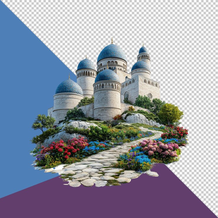 PSD majestica mesquita de cúpula azul em um jardim no topo de uma colina